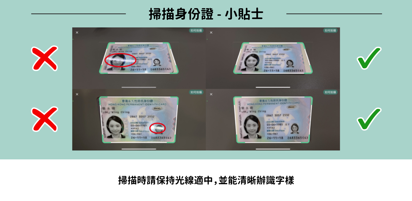掃描時請保持光線適中，並能清晰辨識字樣